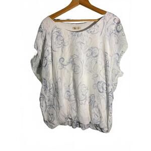 Giusy White and Light Blue Floral  Silk Italian Women's Blouse Large